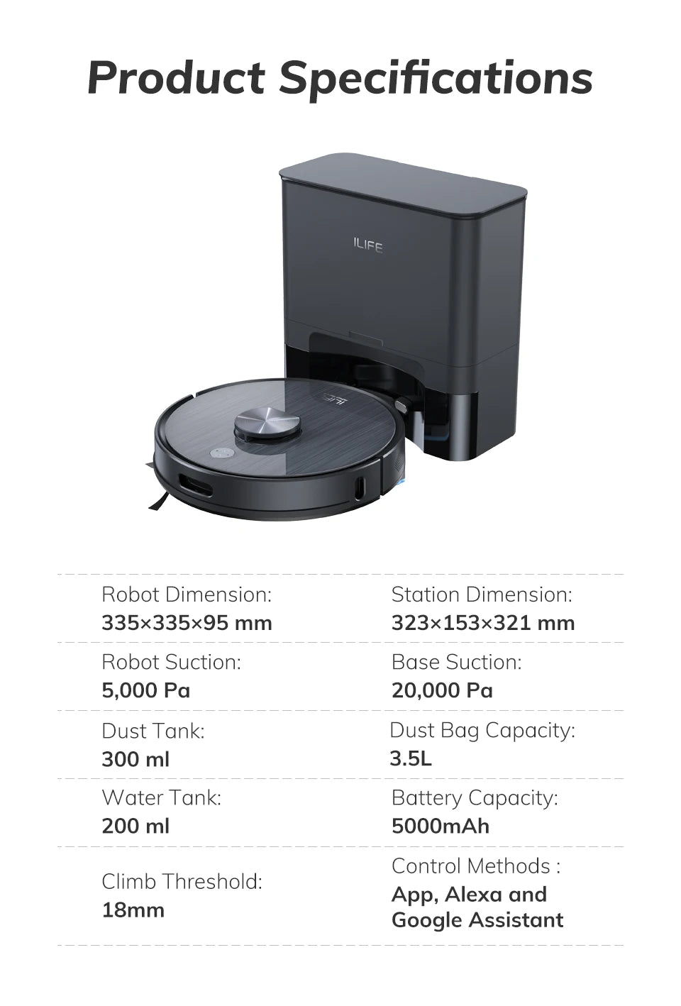 ILIFE T20S Robot Vacuum, 5000Pa, Auto Empty, Wet/Dry Mop